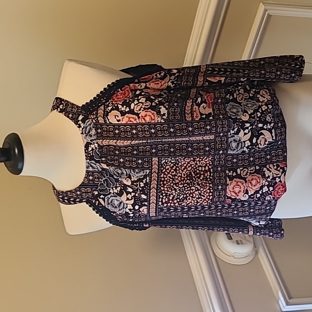 New York & Company Navy Floral Patchwork Halter Blouse